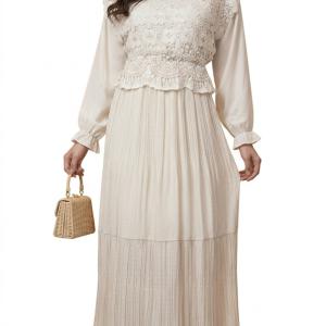 پیراهن ماکسی پلیسه با جزییات گیپور