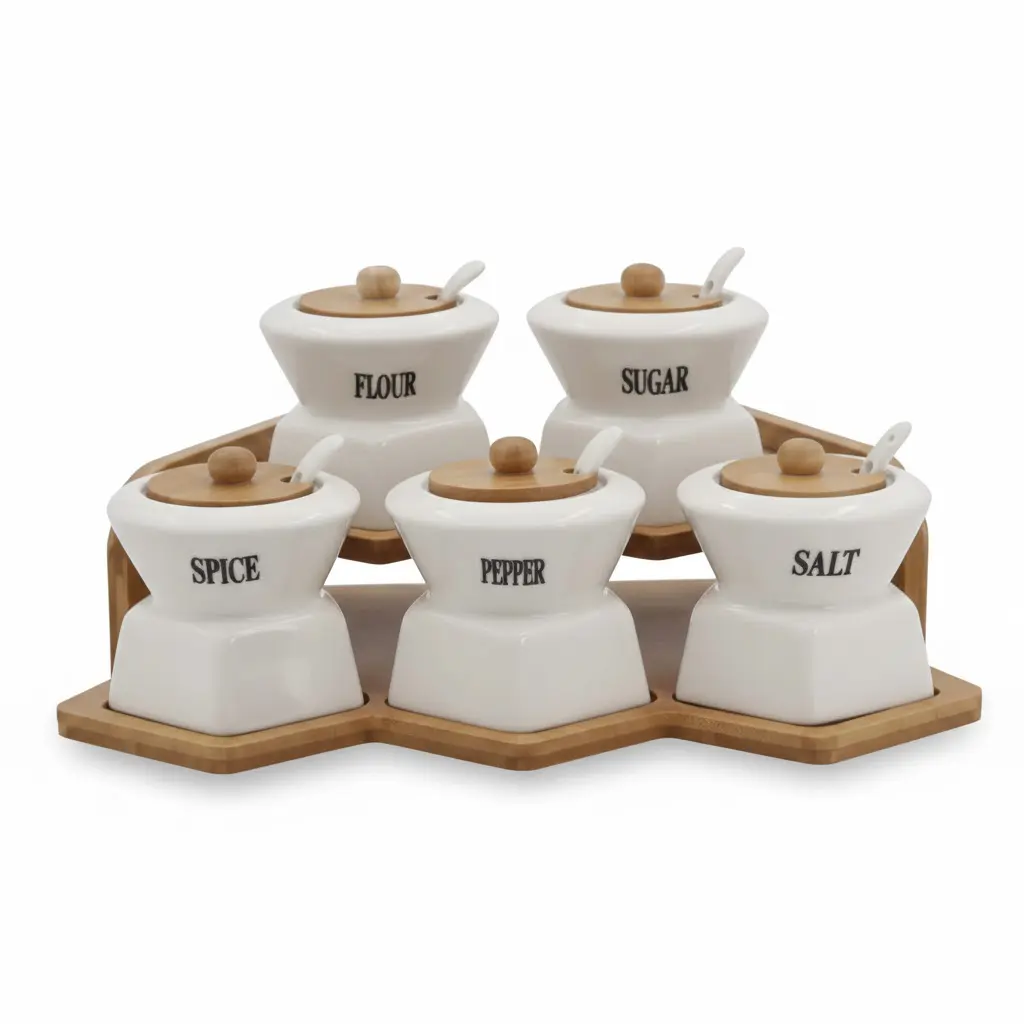 ست مصالح دانی سرامیکی با پایه بامبو