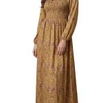 پیراهن بلند نخی با طرح گلدار خردلی