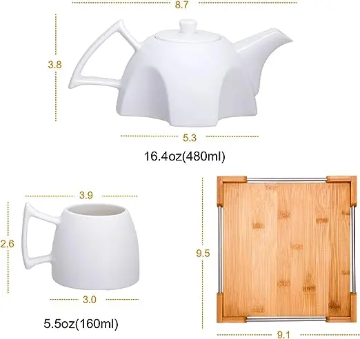 ست چاینک و گیلاس سرامیکی با سینی چوبی