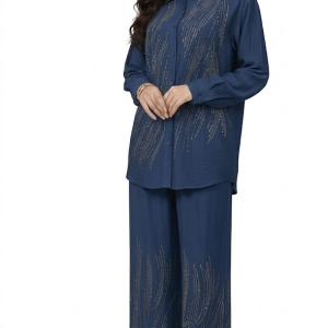 ست نخی لاجوردی با تزئینات درخشان