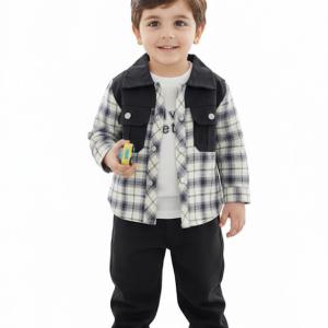 ست دو پارچه پسرانه مدل یخن‌ قاق چهارخانه