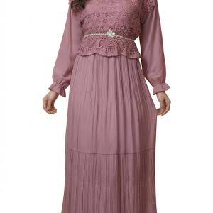 پیراهن ماکسی پلیسه با جزییات گیپور