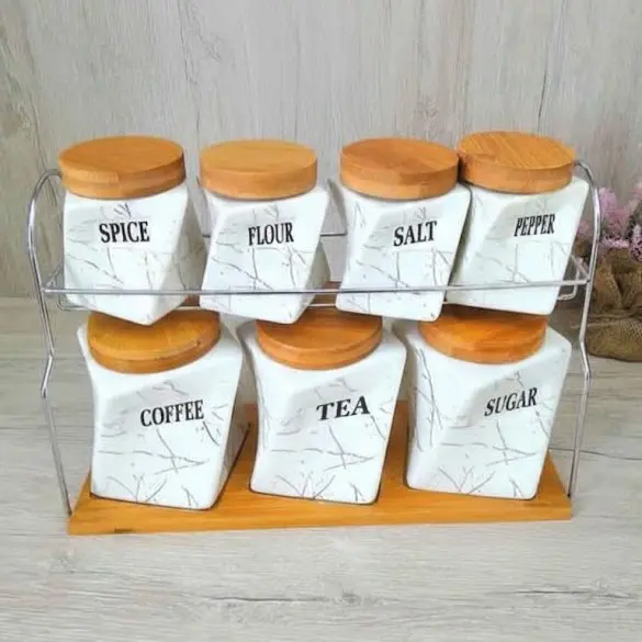 سِت مصالح دانی سنگی با درپوش چوبی