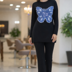 ست دوتکه بافت مدل تپش آبی با طرح پروانه ژاکارد