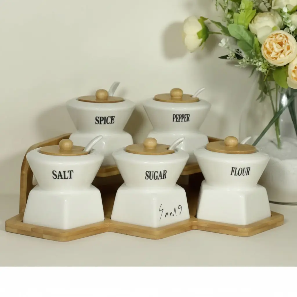 ست مصالح دانی سرامیکی با پایه بامبو