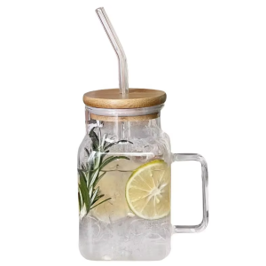 لیوان شیشه‌ ای پیرکس با درب چوبی و نی